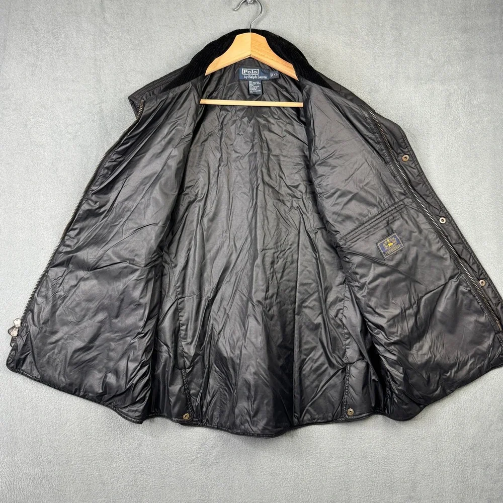 Polo Ralph Lauren Mens XL Black Quilted Vest Corduroy Collar Full Zip Snap Front